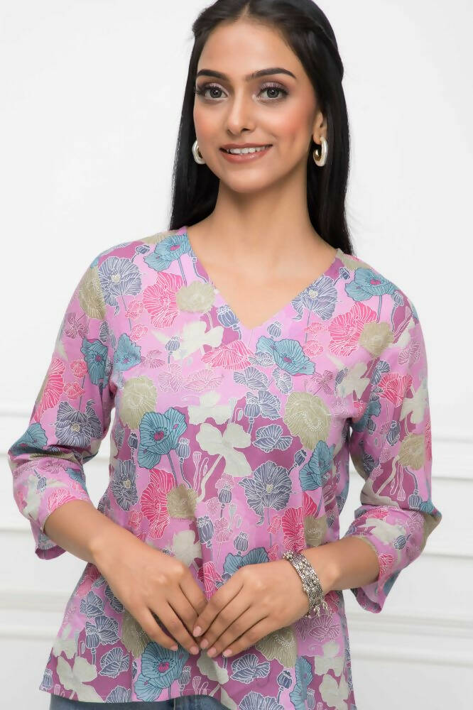 Myshka Women Multi Floral V-Neck Regular Sleeves Viscose Rayon Top