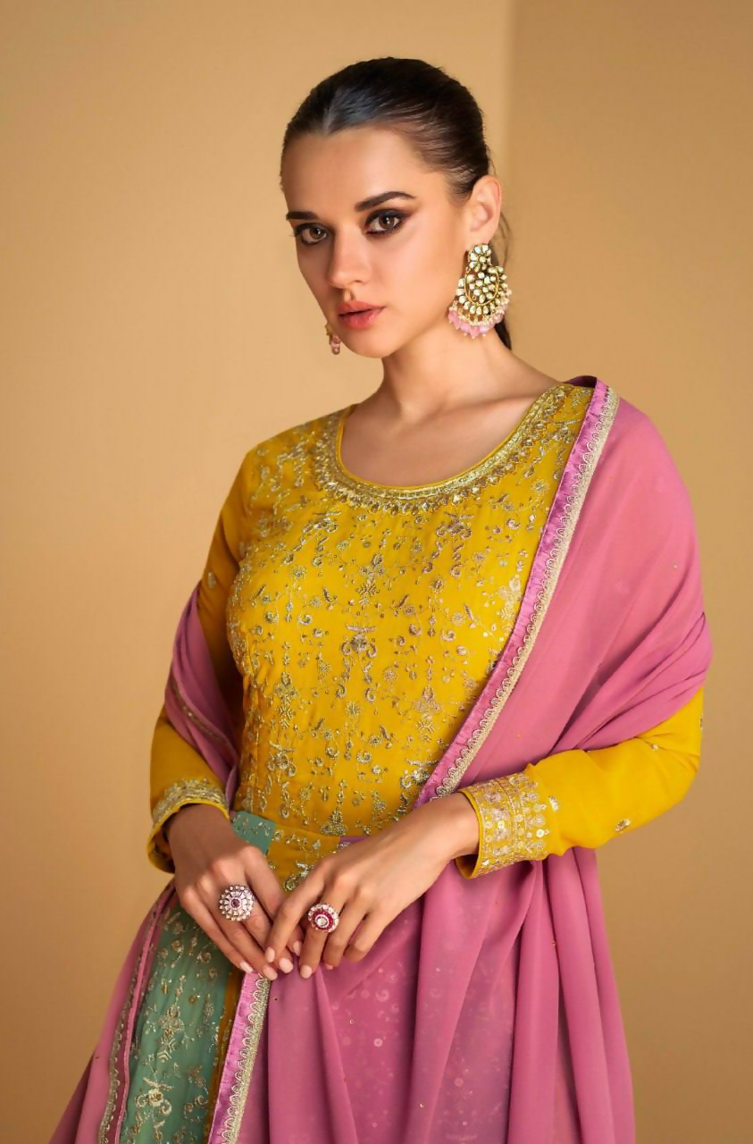 Lorenvalley Fashion Yellow Faux Georgette Embroidery with Sequince Work Gown Stitched