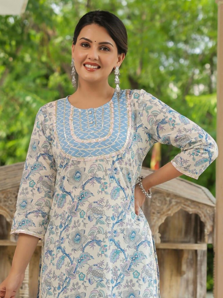 Aramya Straight Soft Cotton Floral Print Women's Kurta - Blue