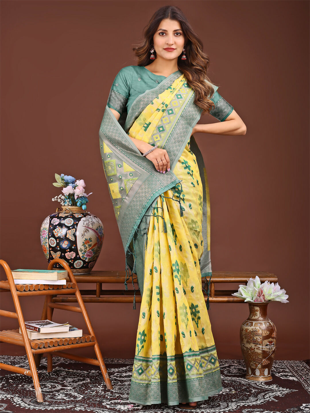 Shree Shyam Fashion Linen Cotton Yellow Saree
