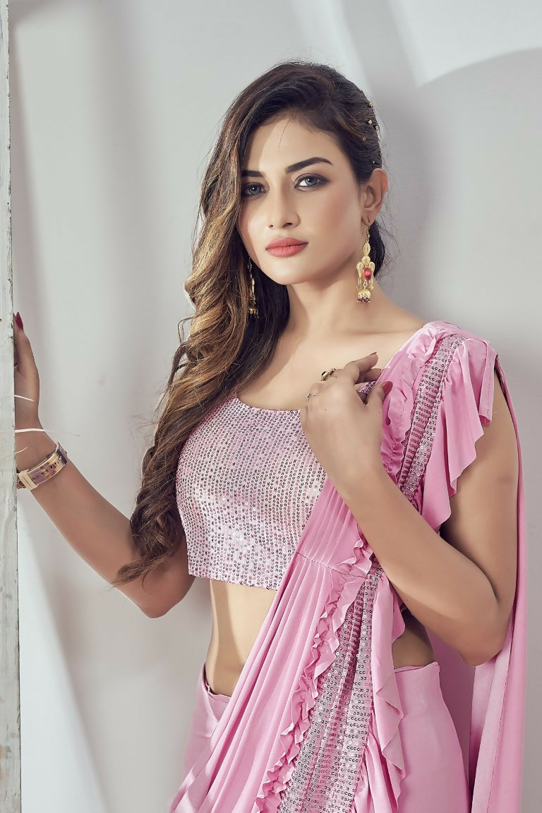 Mahotsav Women's Pink Lycra Embellished Ready To Wear Saree With Stitched Blouse