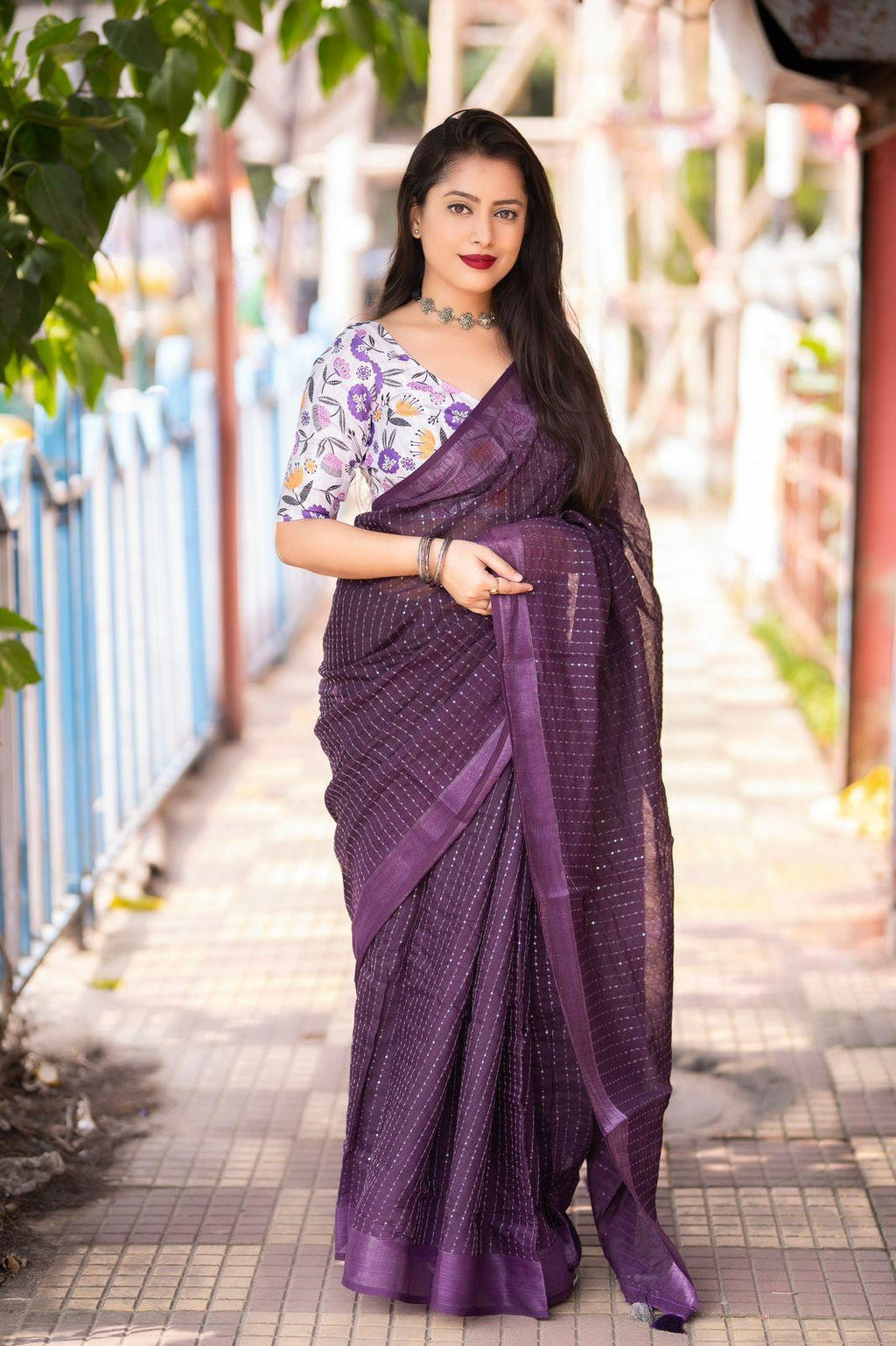 Purple Linen Sequence Saree with Unstitched Blouse - Hiral Fashion
