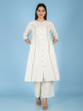 Aramya Cream Linen Cotton Solid Print A-line Kurta Set for Women