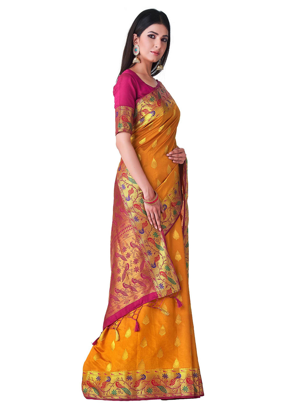 Mimosa Women's Paithani Art Silk Mustard Yellow Saree