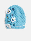 Chutput Kids Woollen Hand Knitted Pearl Embellished Floral Detailed Cap - Blue