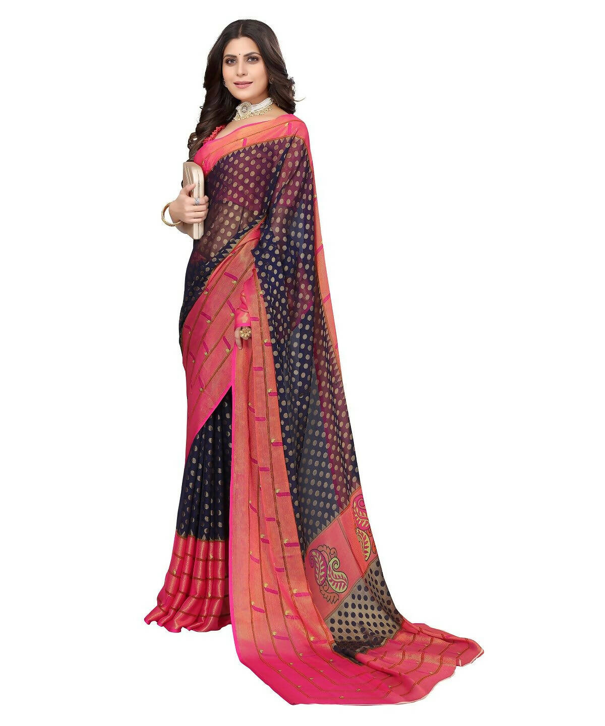 Vamika Navy Blue Chiffon Brasso Bollywood Style Woven Saree (DIMPLE NAVY)
