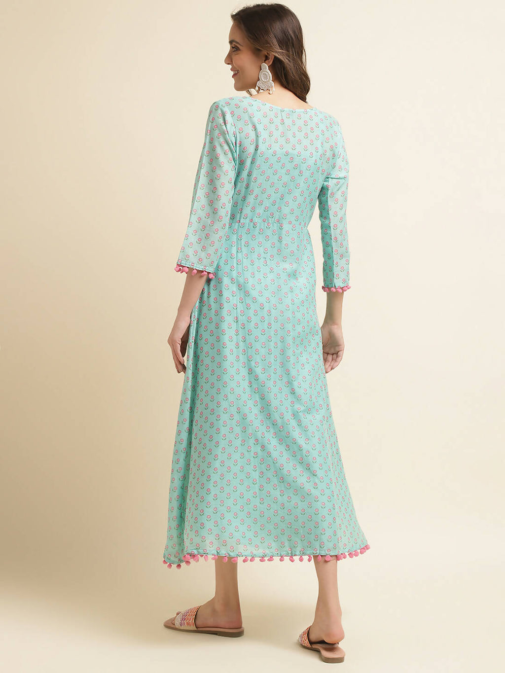 Sea Green Cotton Solid Flared Dress with Printed Shrug - Yukti