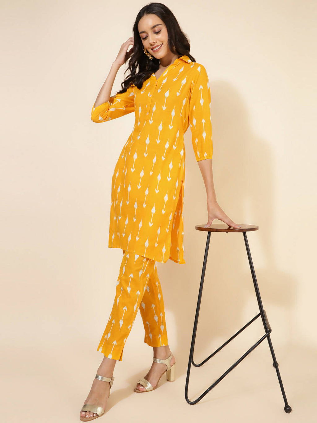 Janasya Women's Yellow Cotton Ikkat Printed Casual Straight Co-ords