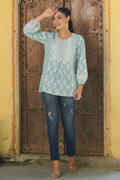 Juniper Women's Skyblue Cambric Placement Floral Printed Tunic