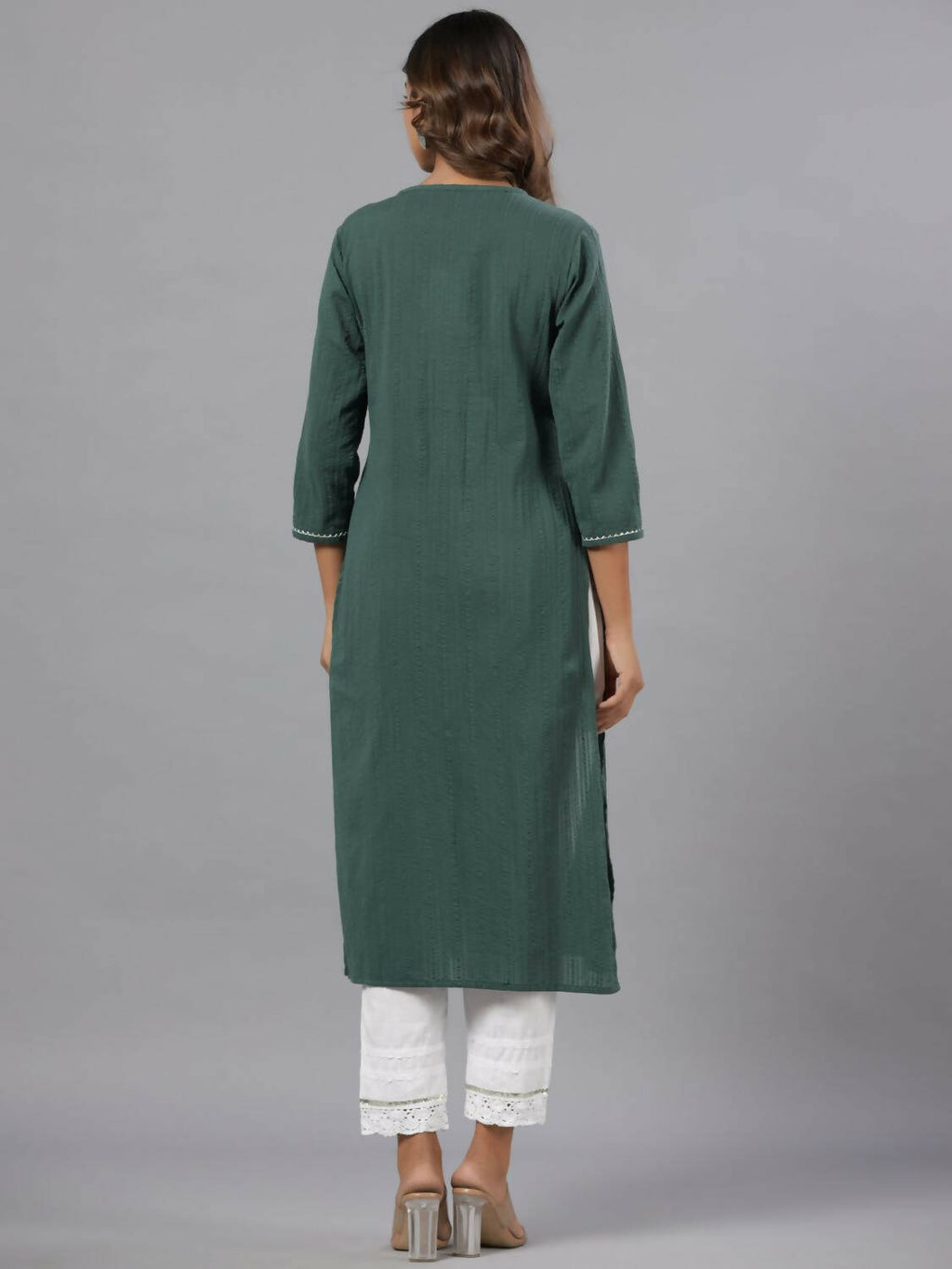 Juniper Women Green Seer Sucker Embroidered High Slit Kurta