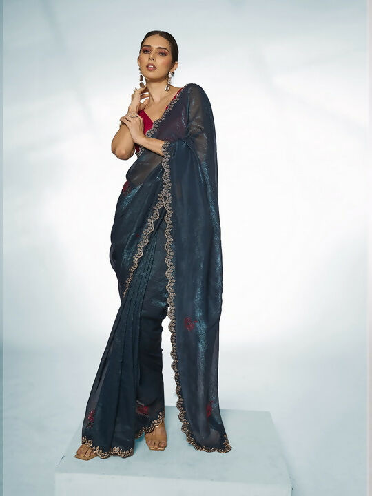 Teal Blue Slub Organza Swarovski Designer Saree - Shezlin