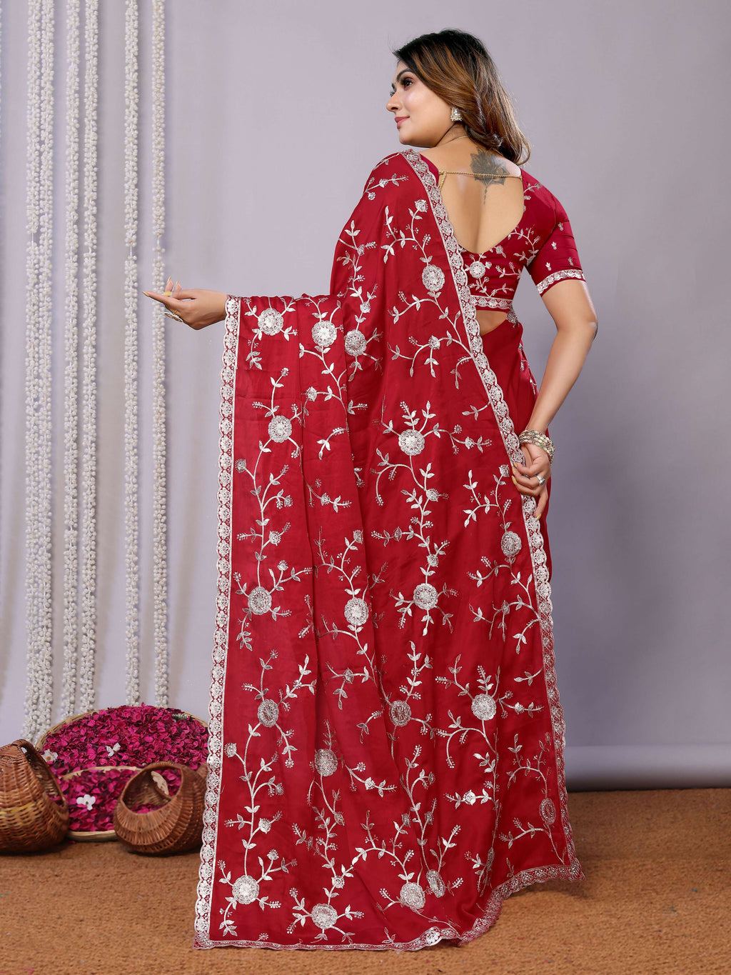 Red Pure Satin Embroidered Saree With Stitched Blouse - Nimaya Kaksha