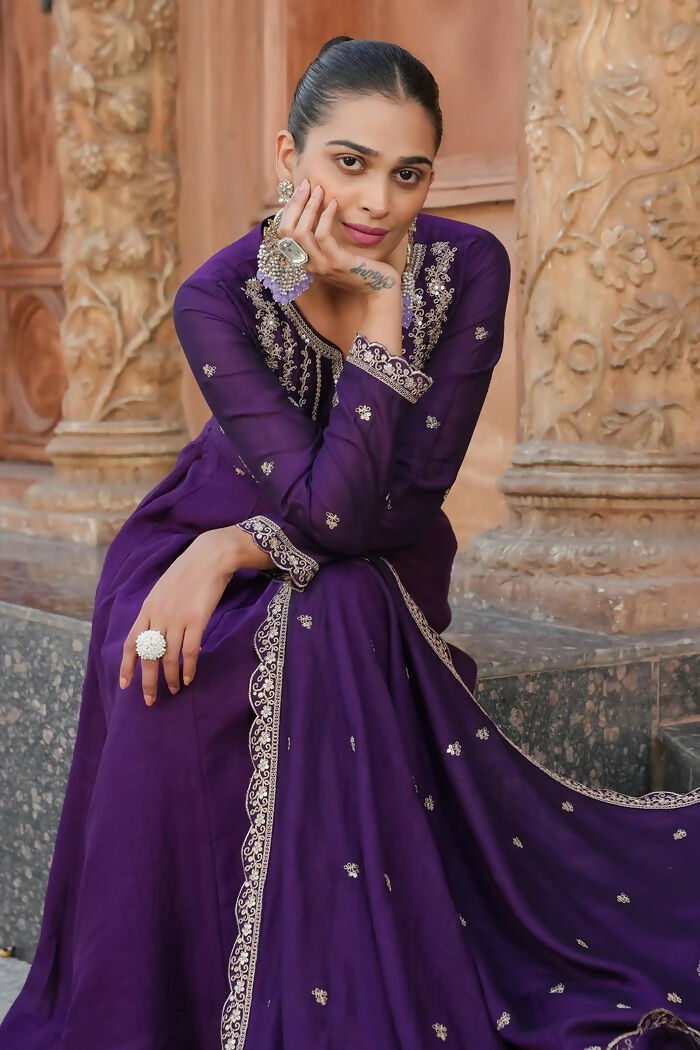 The52 Wine Women's Gorgeous Vichitra Silk Fabric Embroidered Work Flared Anarkali Pant and Dupatta Set