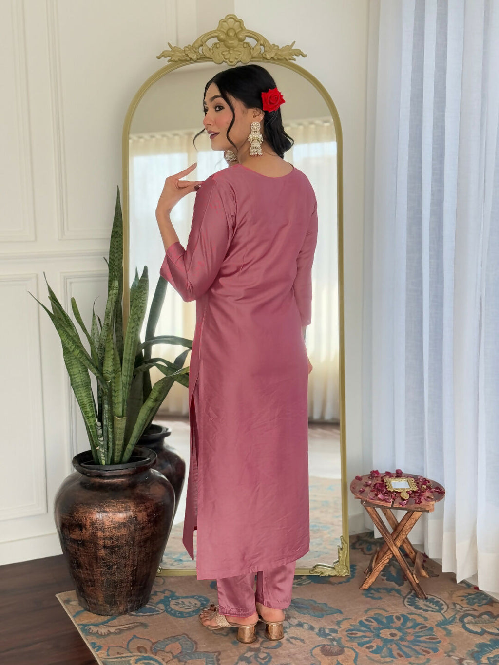 The52 Gajri Women's Beautiful Embroidered Rayon Fabric with Straight Kurta, Pant and Dupatta Set