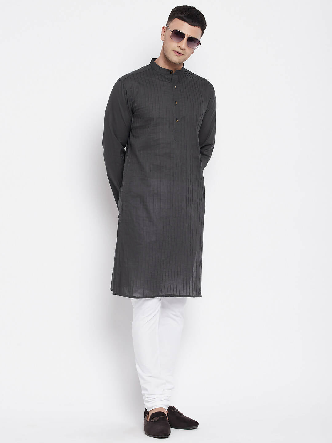 Even Apparels Grey Pure Cotton Men's Kurta With Band Collar