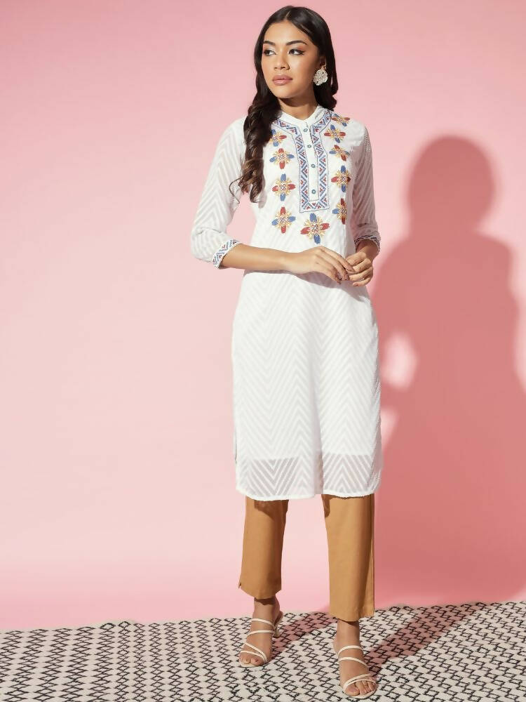 Myshka Women White Solid Georgette Straight V-Neck Kurtas