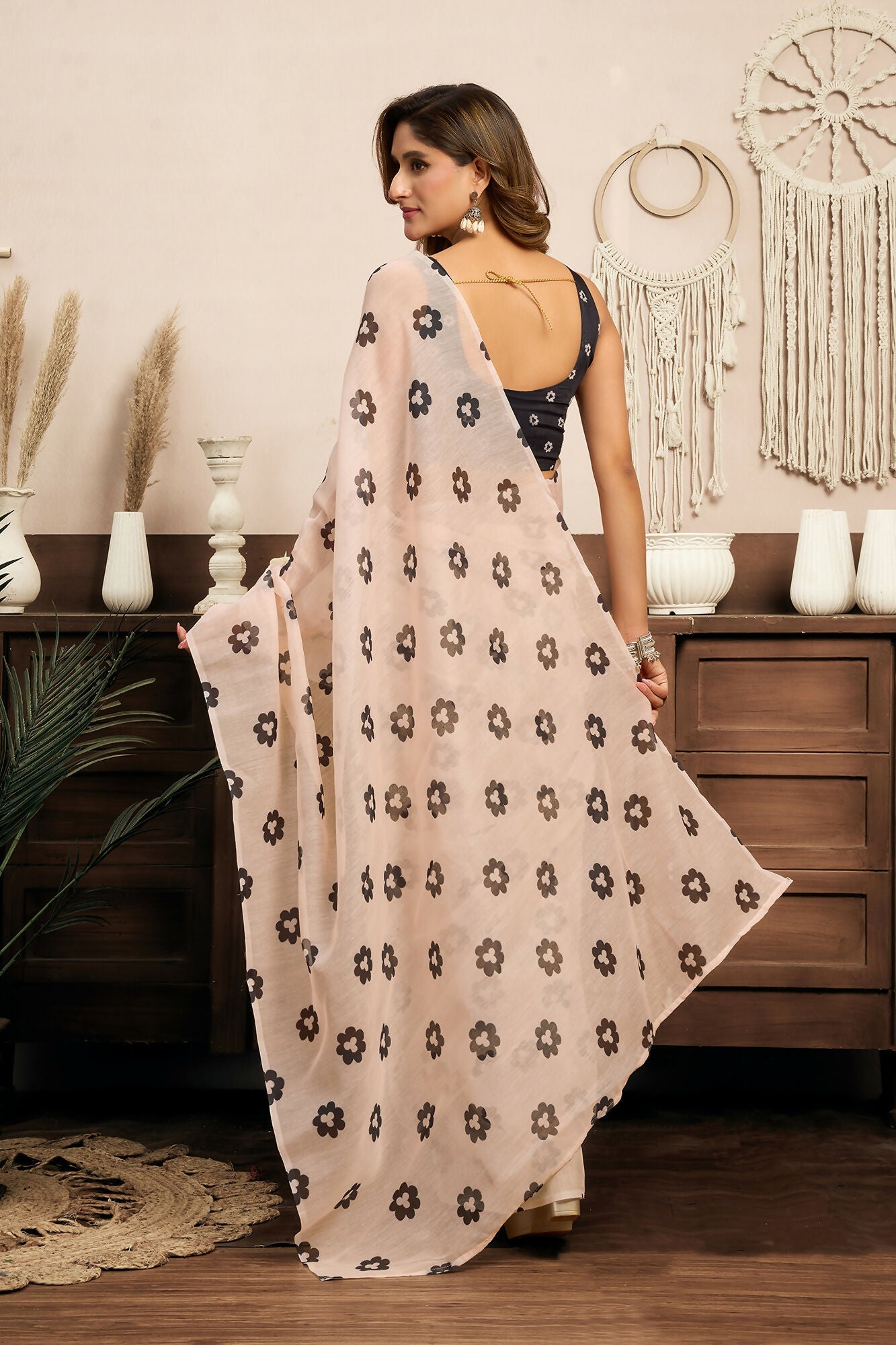 Vastranavya Cream Digital Printed Linen Ready To Wear Designer Saree with Unstitched Blouse