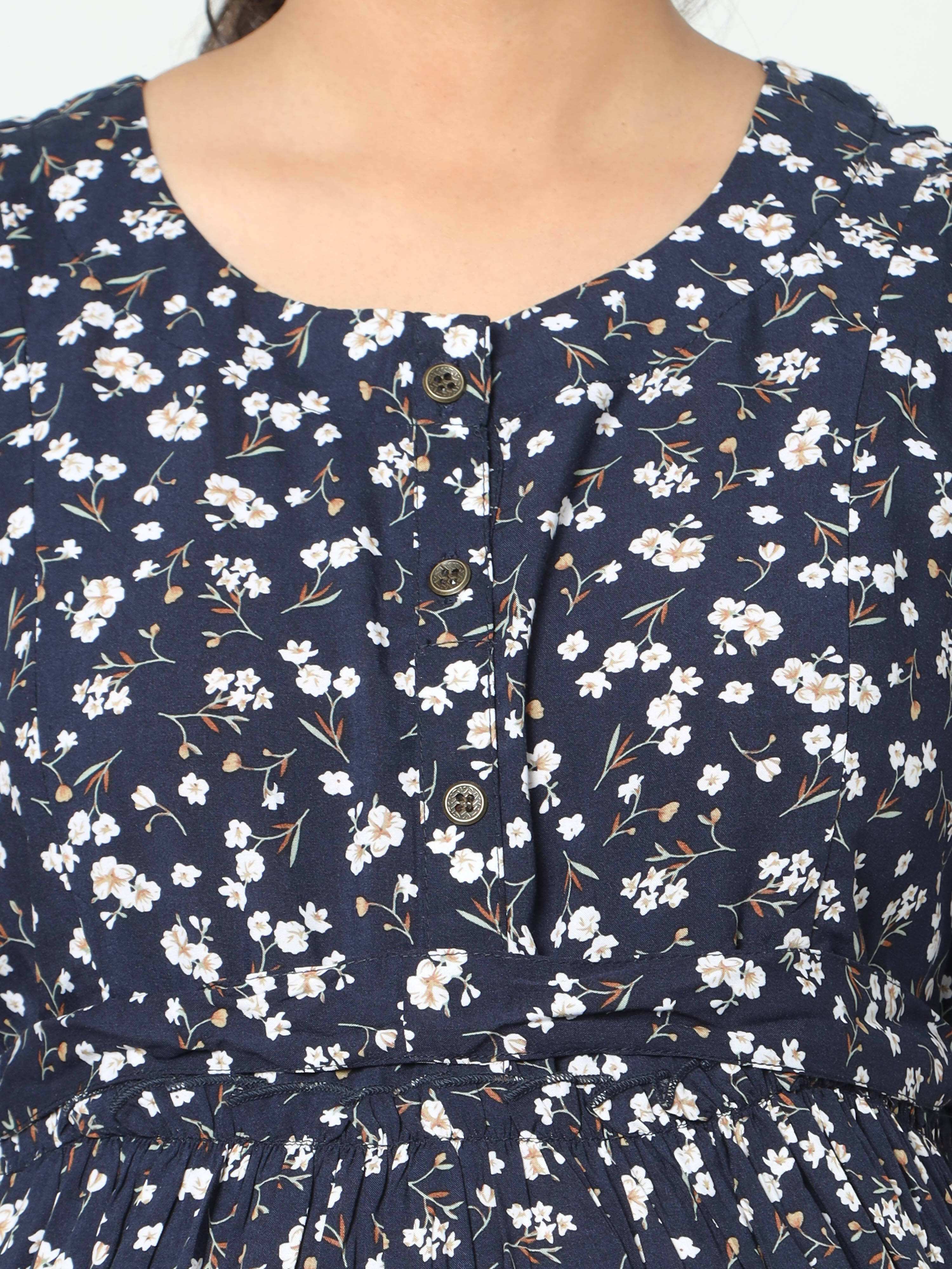 Manet Frill Slevees Maternity Dress Floral Print With Concealed Zipper Nursing Access - Navy