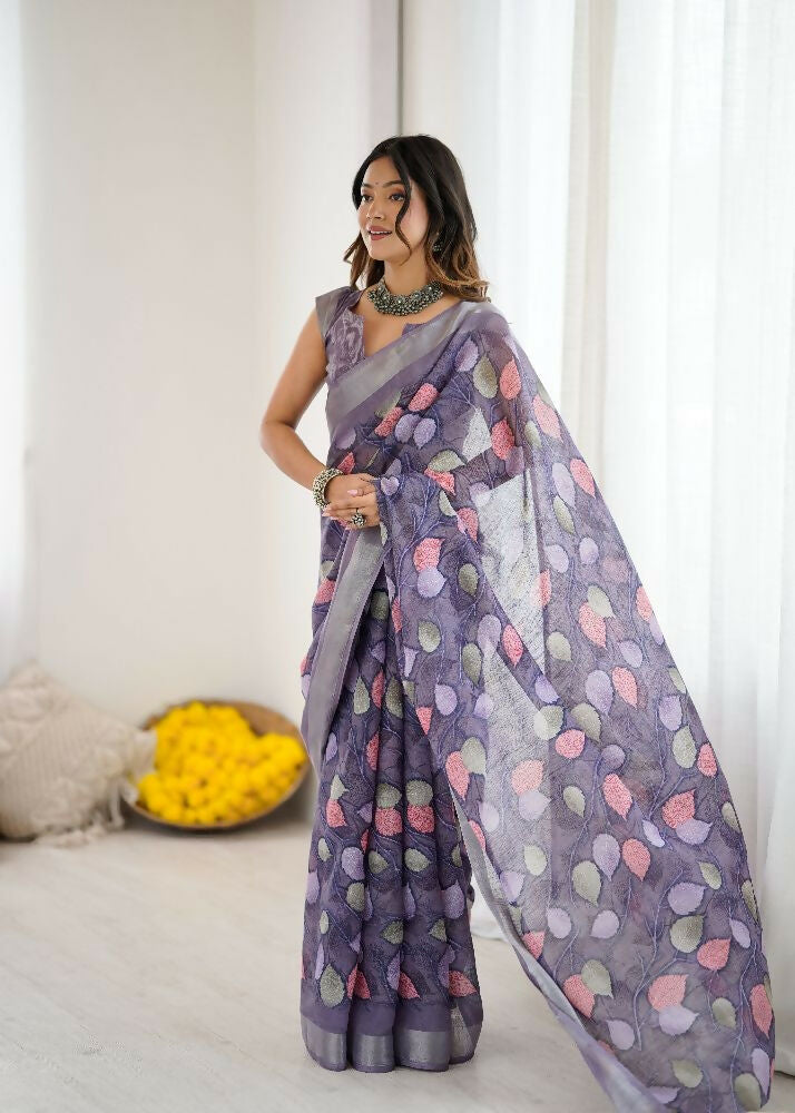 PR Fashion Lavender Linen Patta Printed Saree