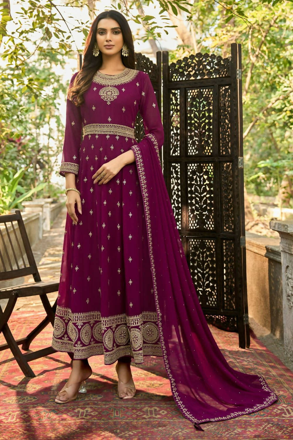 Wine Heavy Faux Georgette Anarkali Embroidered Kurta Set - Dhvani