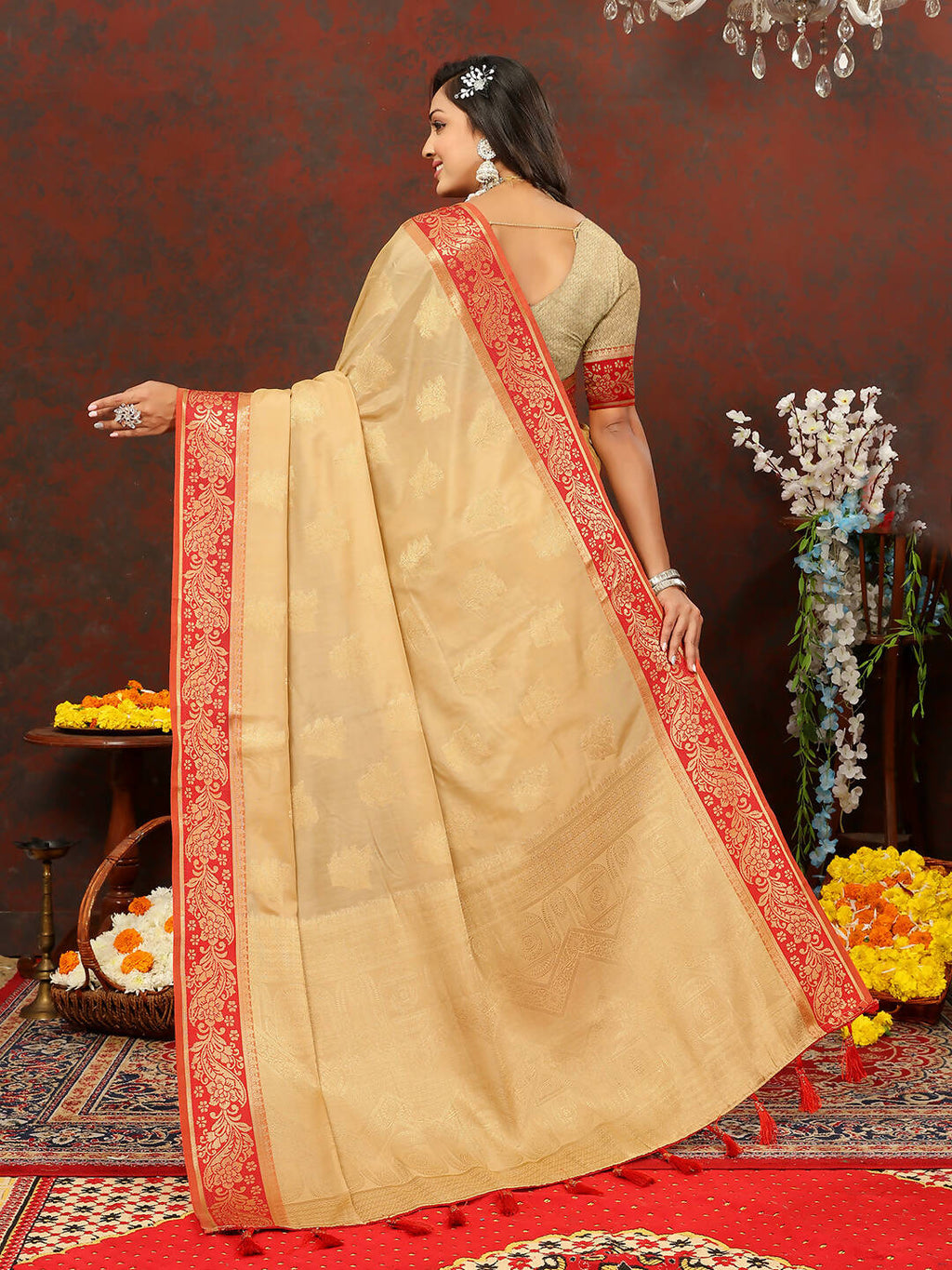 Lorenvalley Fashion Cream Cotton Woven Design with Zari Weaving Design Saree