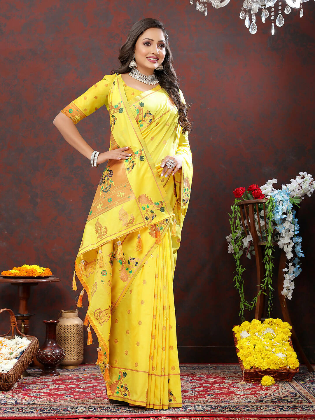 Lorenvalley Fashion Yellow Soft Paithani Silk Woven Design Copper Zari Meenakari Weaving Saree