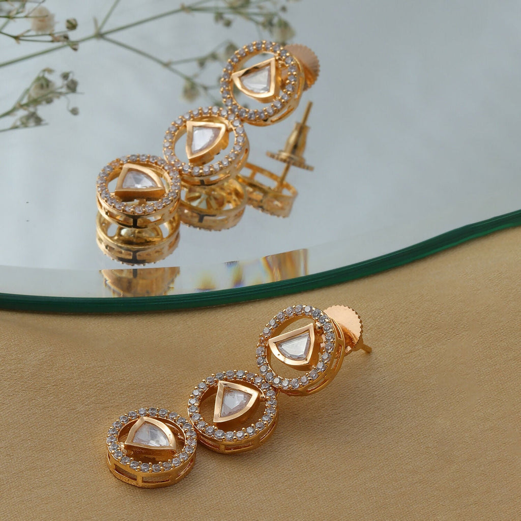 3 Tier Round Diamond and Kundan Earrings (Gold) - Ruby Raang