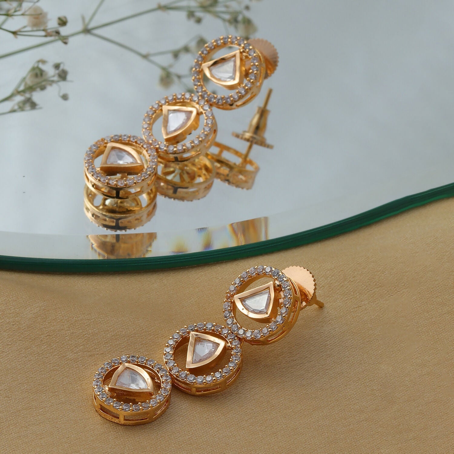 3 Tier Round Diamond and Kundan Earrings (Gold) - Ruby Raang