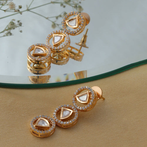 3 Tier Round Diamond and Kundan Earrings (Gold) - Ruby Raang