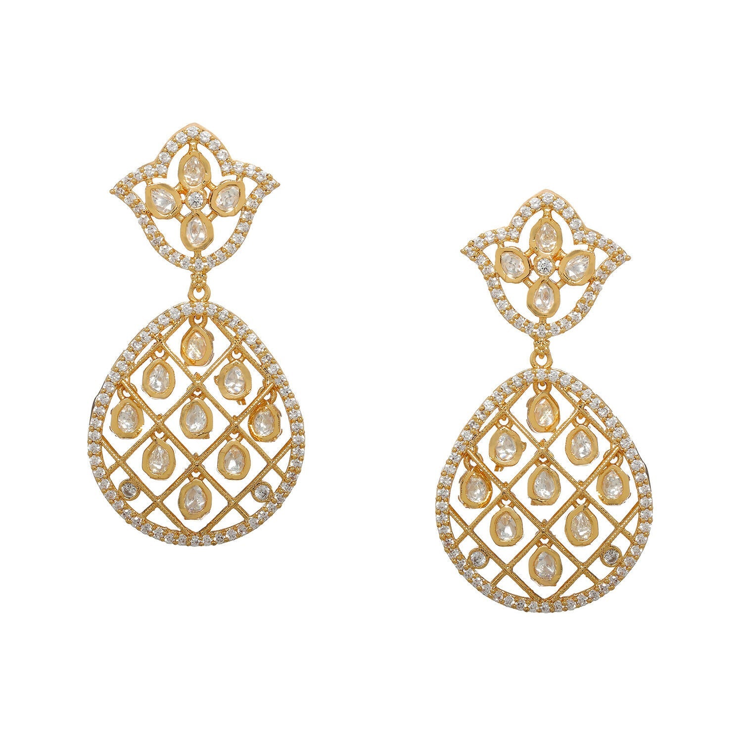 Jhallar Kundan and Diamond Dangler Earrings (Gold) - Ruby Raang