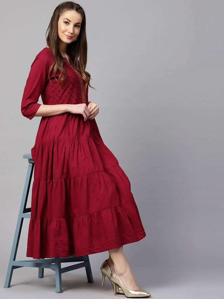 Yufta Women Maroon Embroidered Tiered Anarkali Kurta