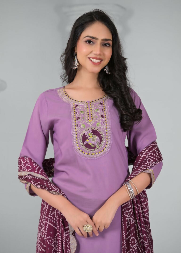 Ethnic Festive Wear Rayon Wine Stitched Suit With Dupatta - Tanisha