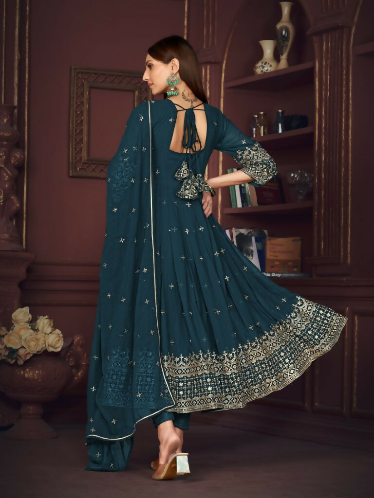 Jyoti Fashion Women's Rama Georgette Embroidered Anarkali Kurta Pant Set With Dupatta