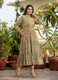Kaajh Women's Yellow Floral Handblock Print Cotton Dress
