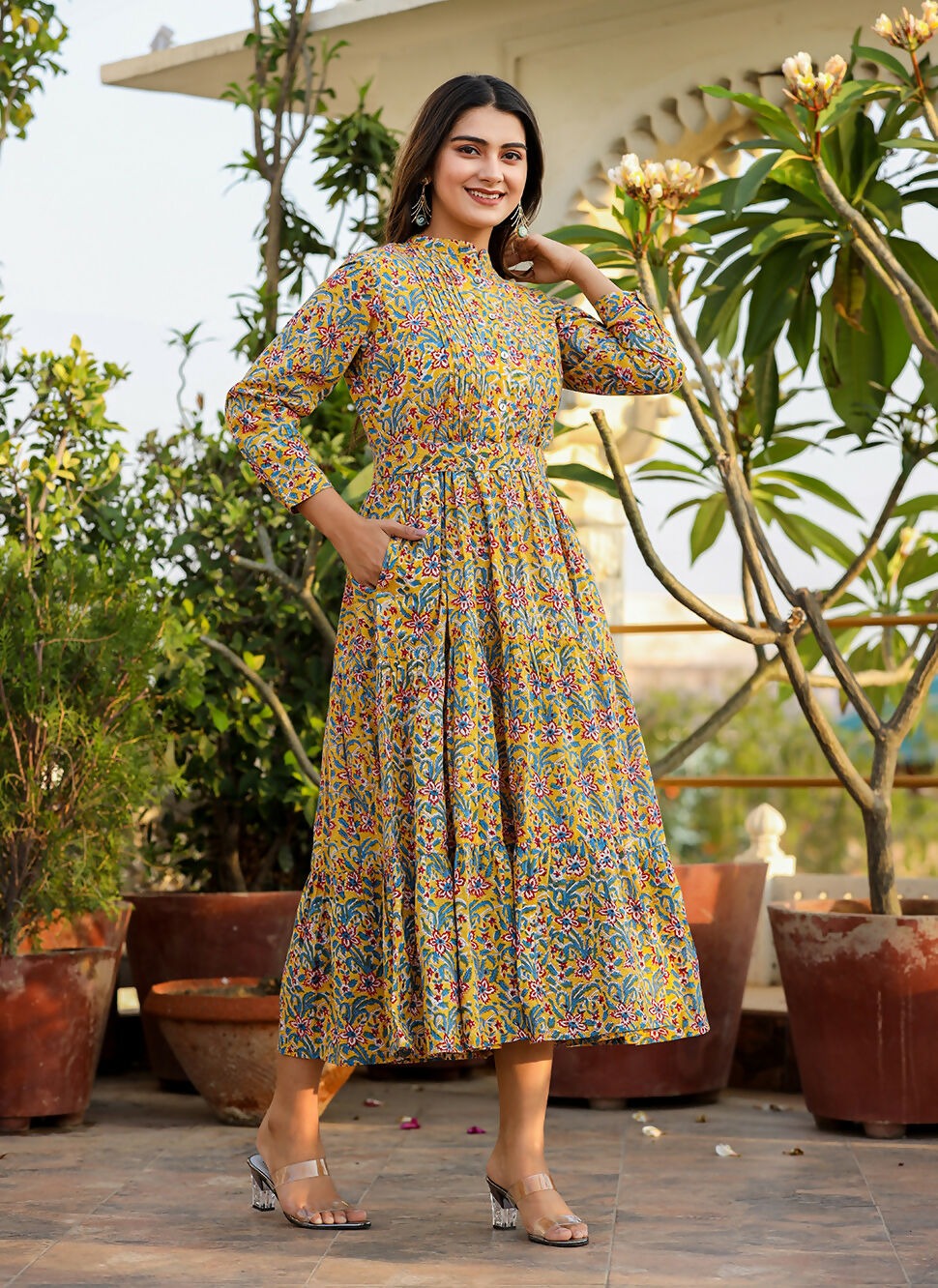 Kaajh Women's Yellow Floral Handblock Print Cotton Dress
