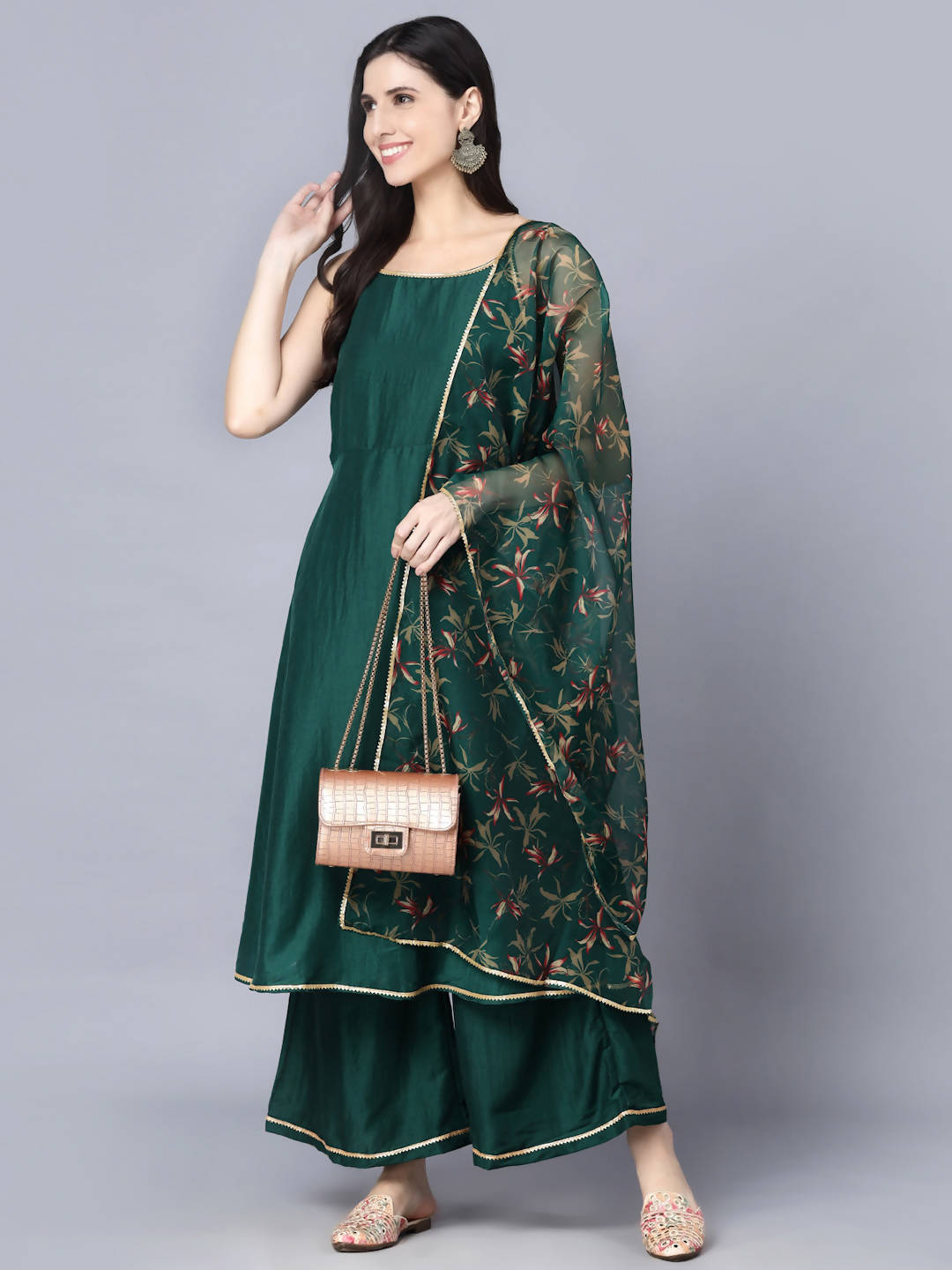 Myshka Women Green Ethnic Motifs Yoke Design Panelled Kurti with Sharara With Dupatta