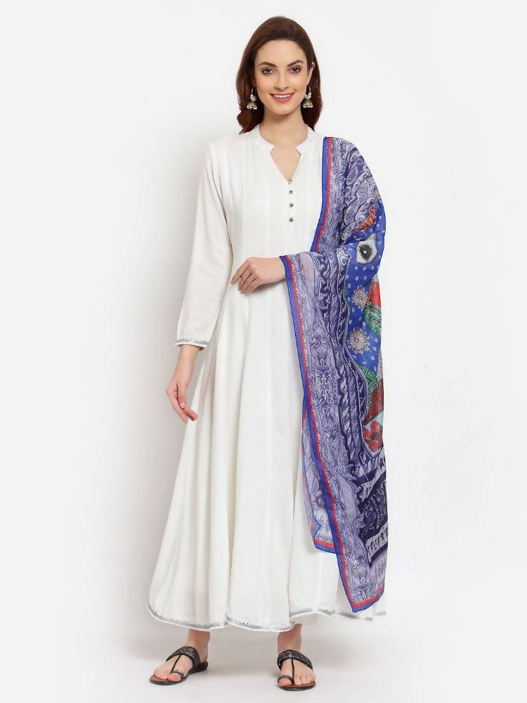 Myshka Women's White Solid Rayon Full Sleeve V Neck Casual Kurta Dupatta Set