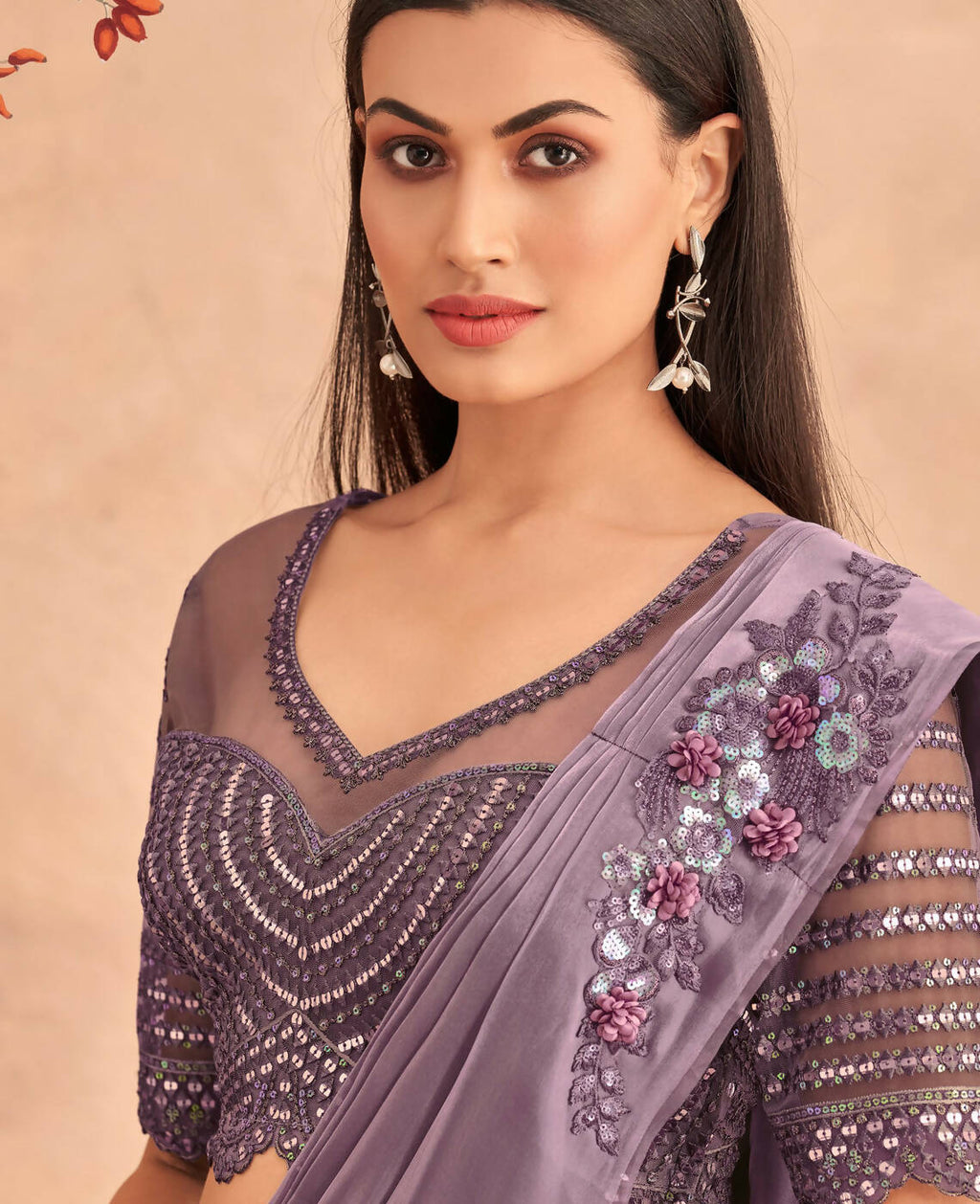 Purple Satin Embroidered Ready To Wear Saree With Unstitched Blouse Piece - Nandika