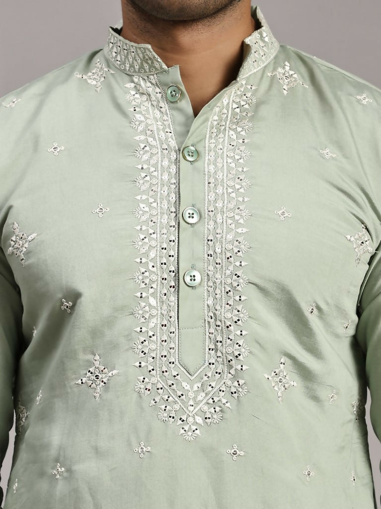Light Green Silk Designer Embroidery Work Men's Rajwadi Kurta Set - Mahotsav