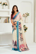 Vastranavya Cream Digital Printed Linen Ready To Wear Designer Saree with Unstitched Blouse