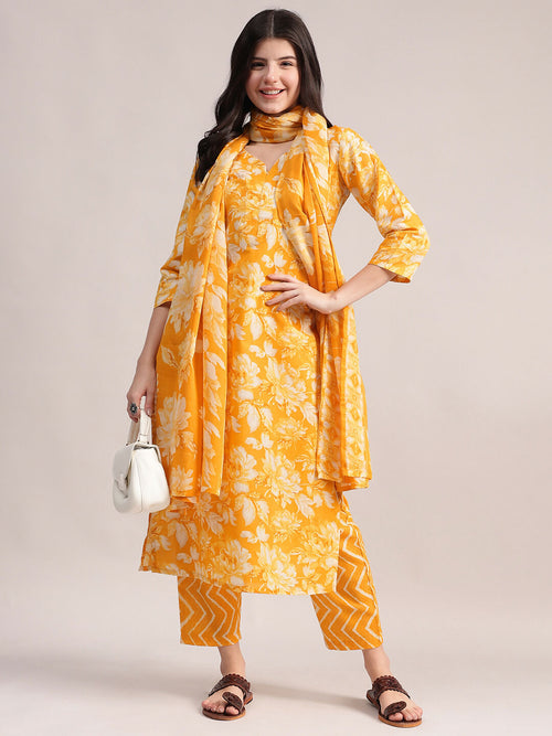 Aavyora Women Mustard Yellow Floral Printed Kurta with Chevron Printed Pants & Dupatta Set