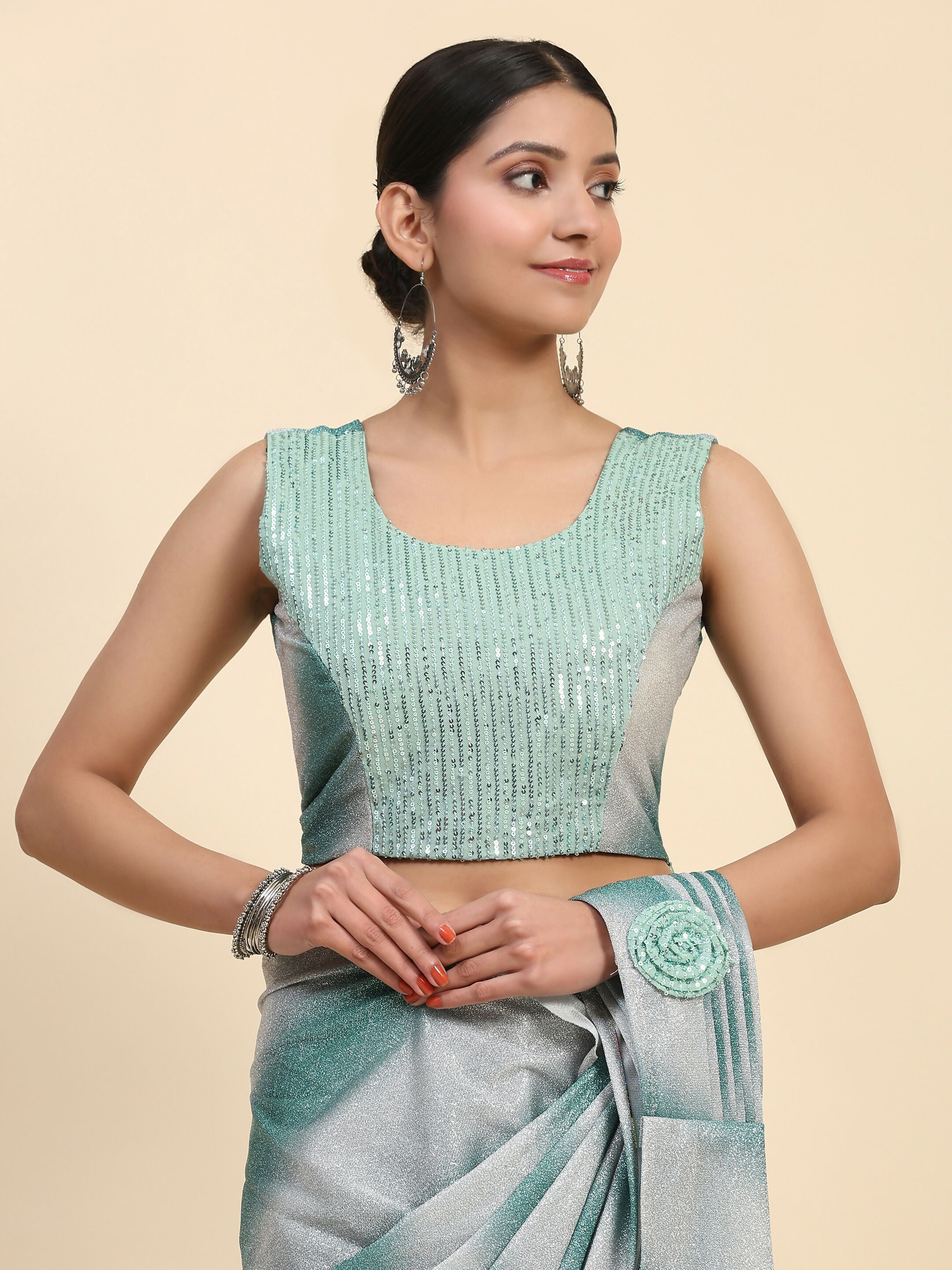 Sea Green Polyester Solid Ready to Wear Saree with stitched Blouse - Aayan