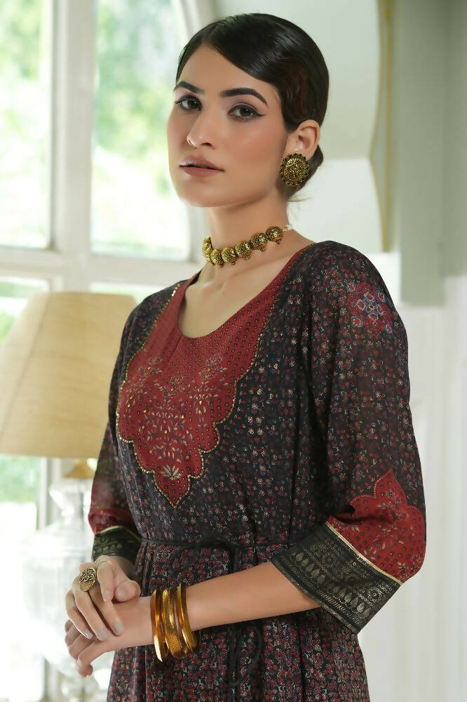 Juniper Black Georgette Festive Printed Anarkali Flared Anarkali Kurta For Women
