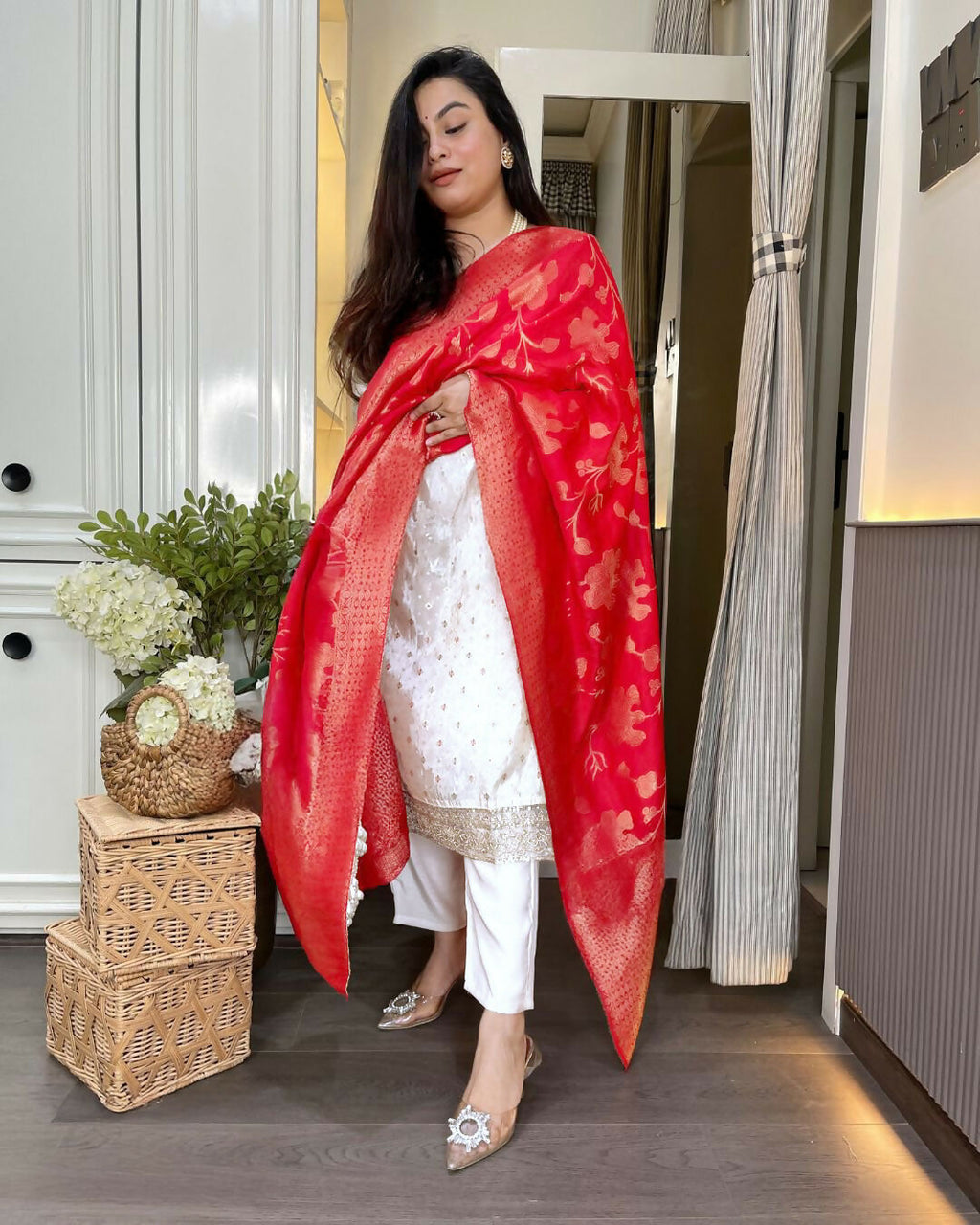 The52 White Women's Beautiful Chanderi Jacquard Fabric Embroidered Work Straight Kurta Pant and Dupatta Set