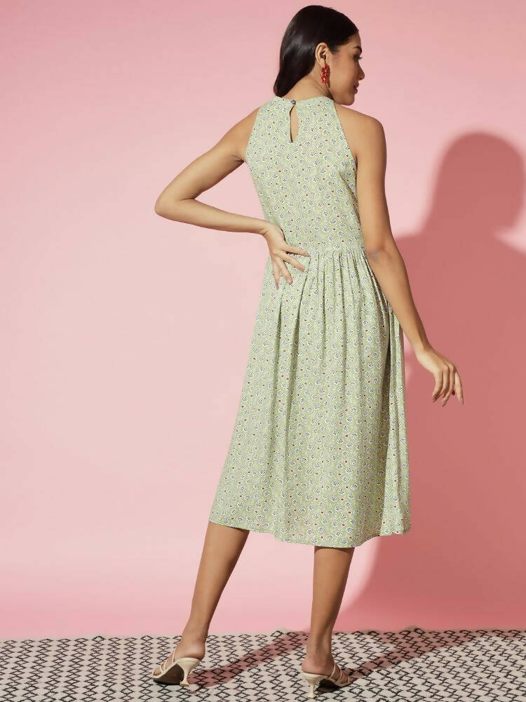 Myshka Women Green Ethnic Motifs Rayon A-Line Round Neck Dress