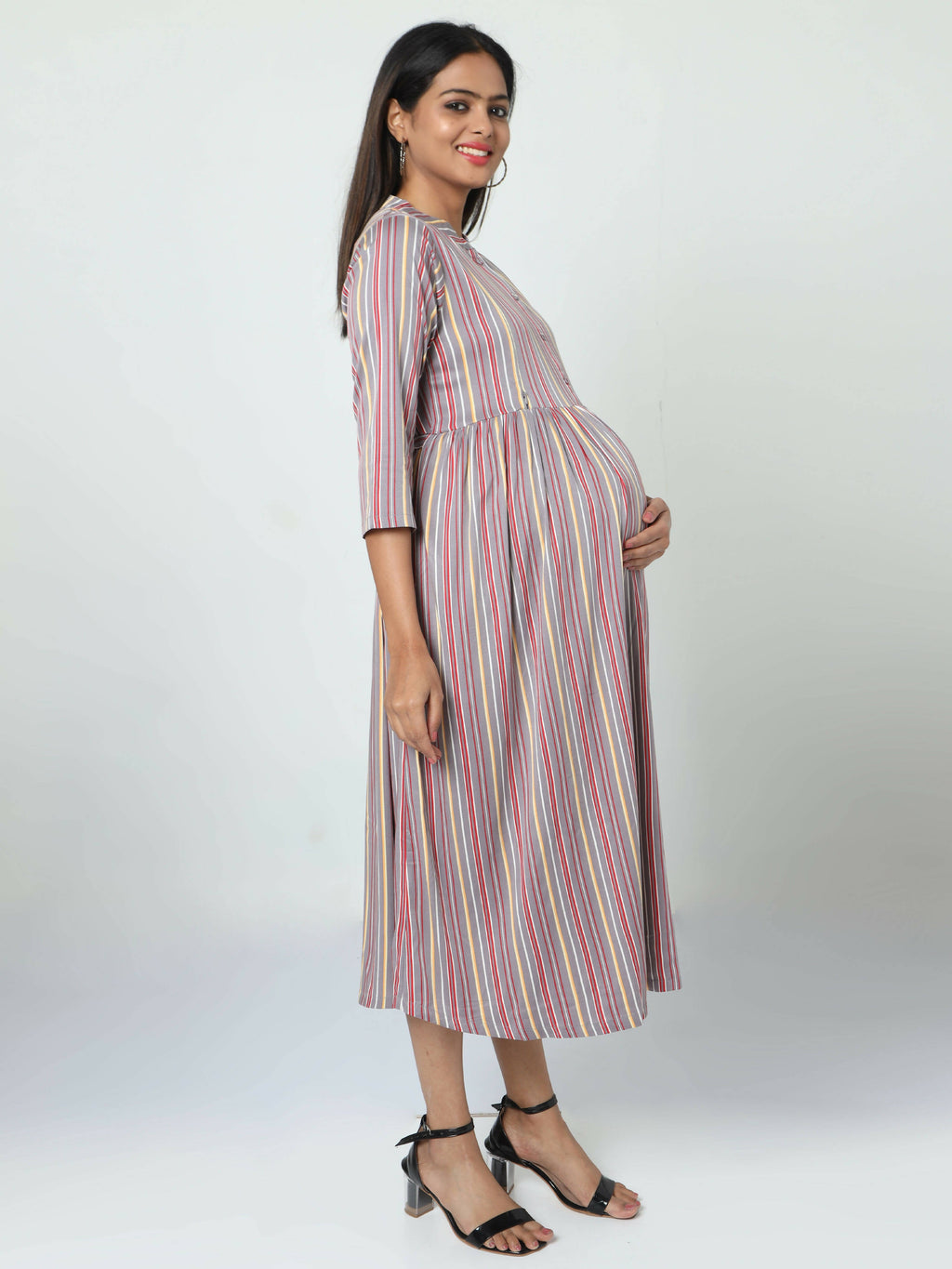 Manet Three Fourth Maternity Dress Striped With Concealed Zipper Nursing Access - Grey