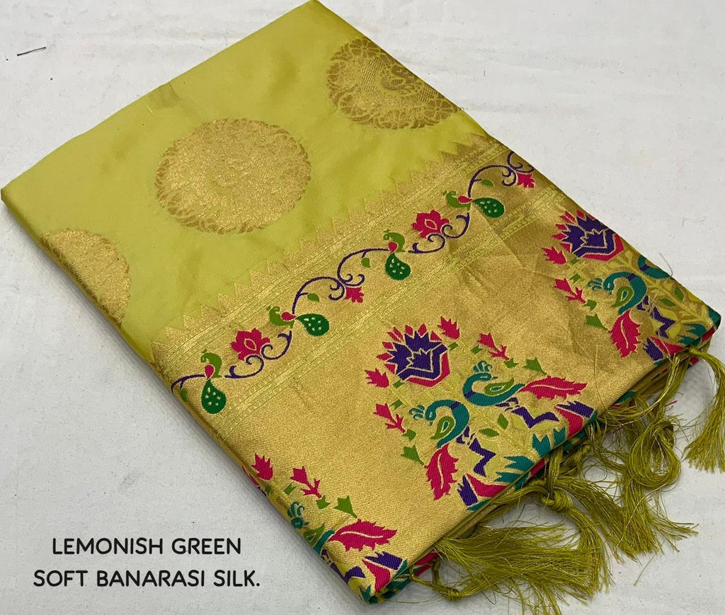 Lemon Green Pure Silk Woven Design Saree with Unstitched Blouse - Hiral Fashion
