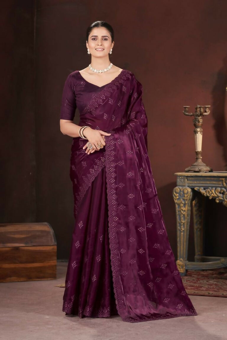 Vastranavya Wine Jimmy Choo Silk 3mm Sequence work with Cross Stitch Embroidery work & Cutwork Border Saree