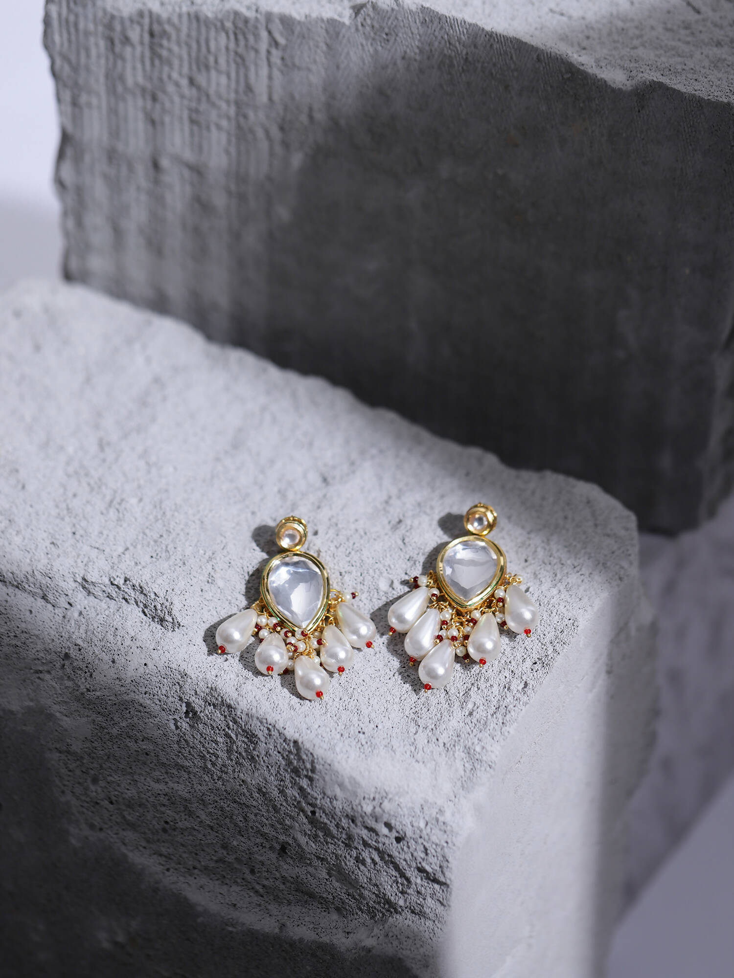 Gold-Toned White Kundan Contemporary Gold-Polished Drop Earrings - Ruby Raang