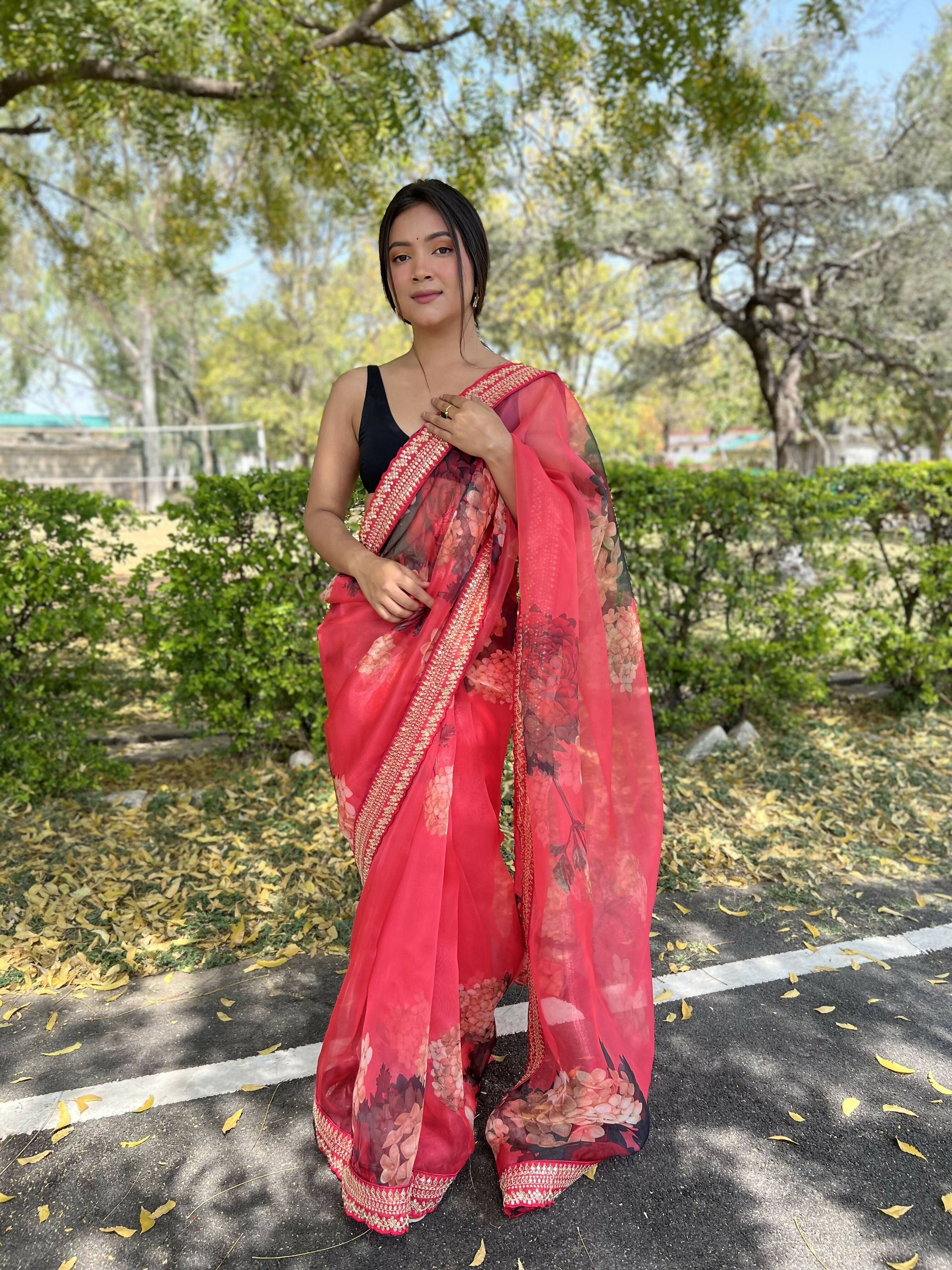 Vamsee Kali Patti Red Organza Saree
